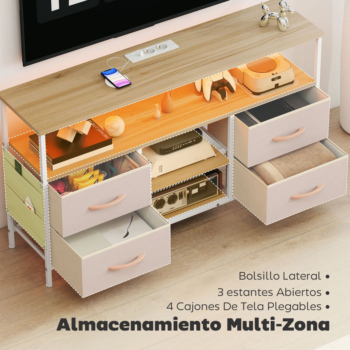 Mueble-de-TV-Olvian-Homcom-4-cajones-con-luz-LED-y-puertos-USB-beige-blanco-675x120x30-cm