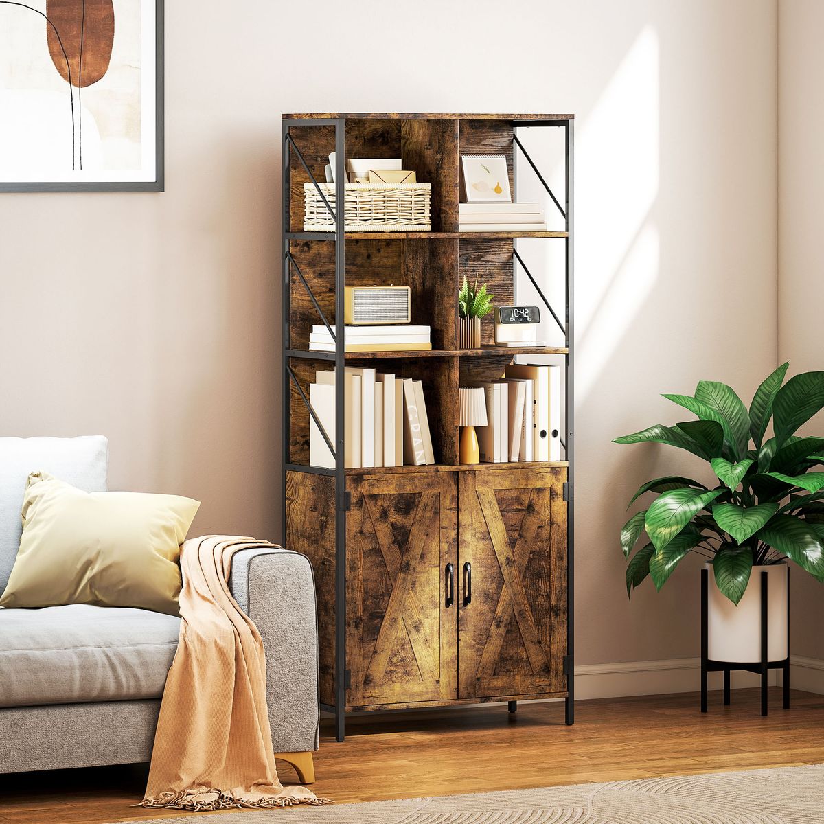 Estanteria-Kivo-Homcom-6-compartimentos-con-armario-marron-172x75x34-cm