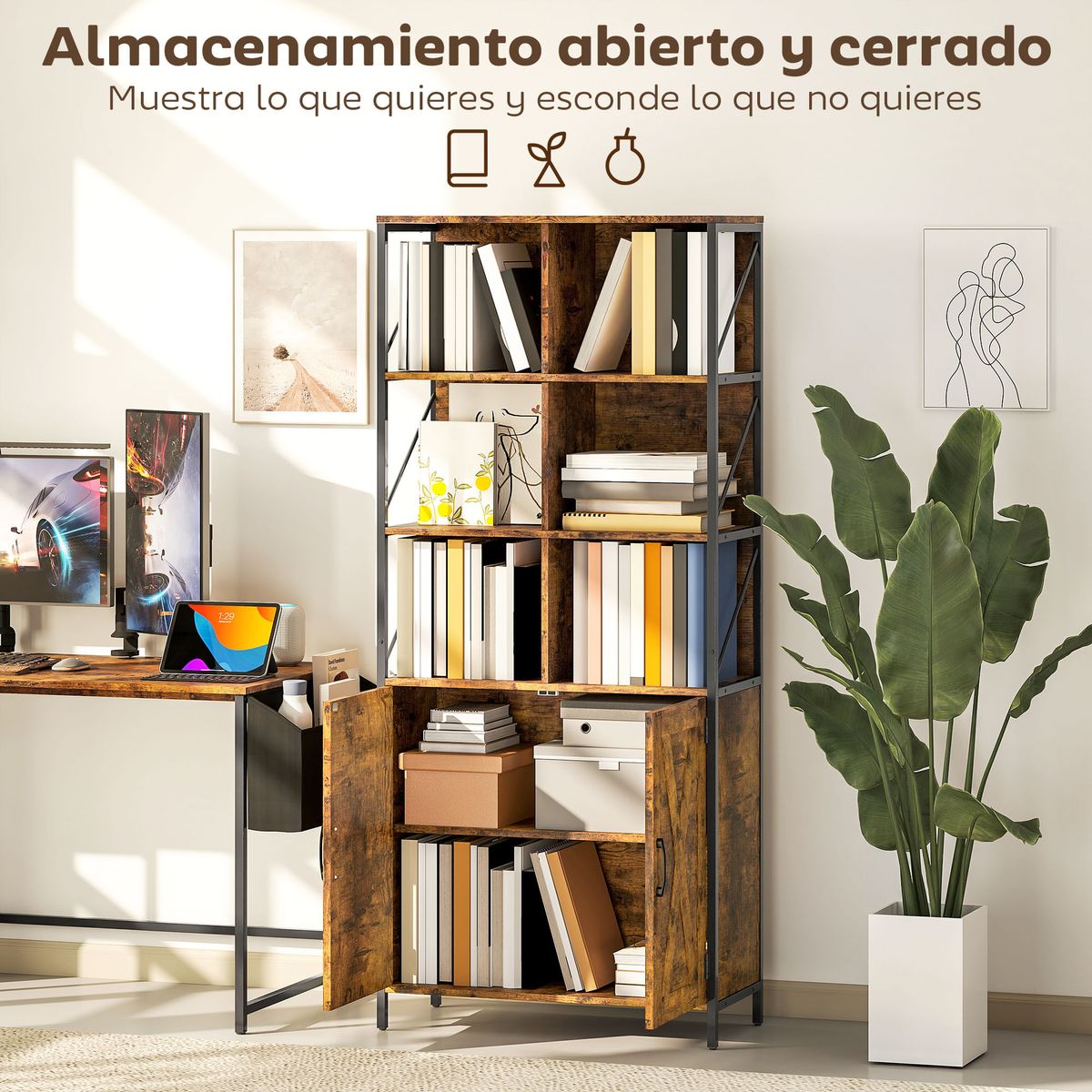 Estanteria-Kivo-Homcom-6-compartimentos-con-armario-marron-172x75x34-cm