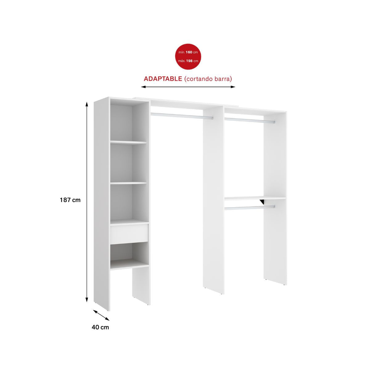 Armario-vestidor-Suit-3-barras---1-columna---1-cajon-blanco