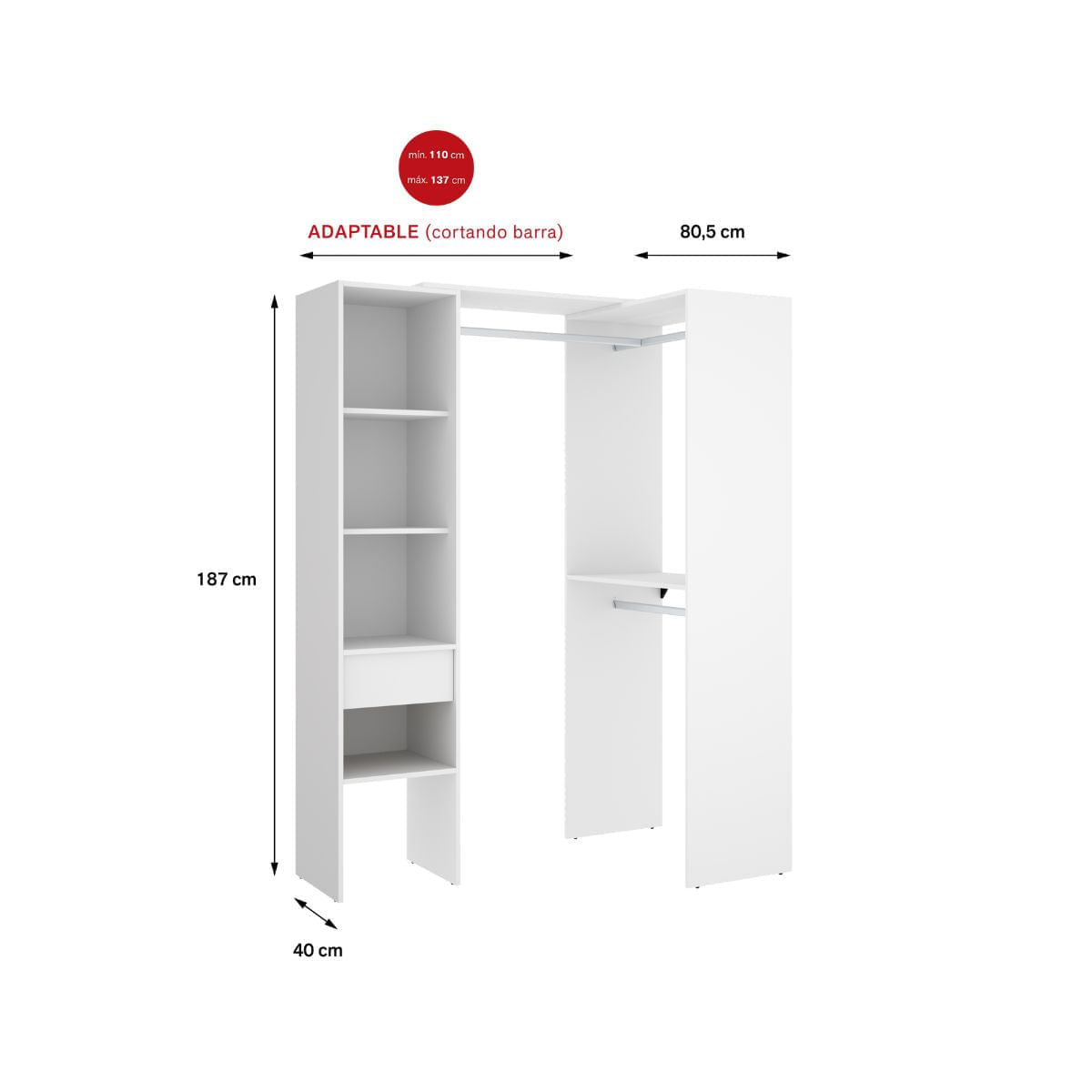 Armario-vestidor-Suit-3-barras---1-columna---1-cajon-blanco-medidas