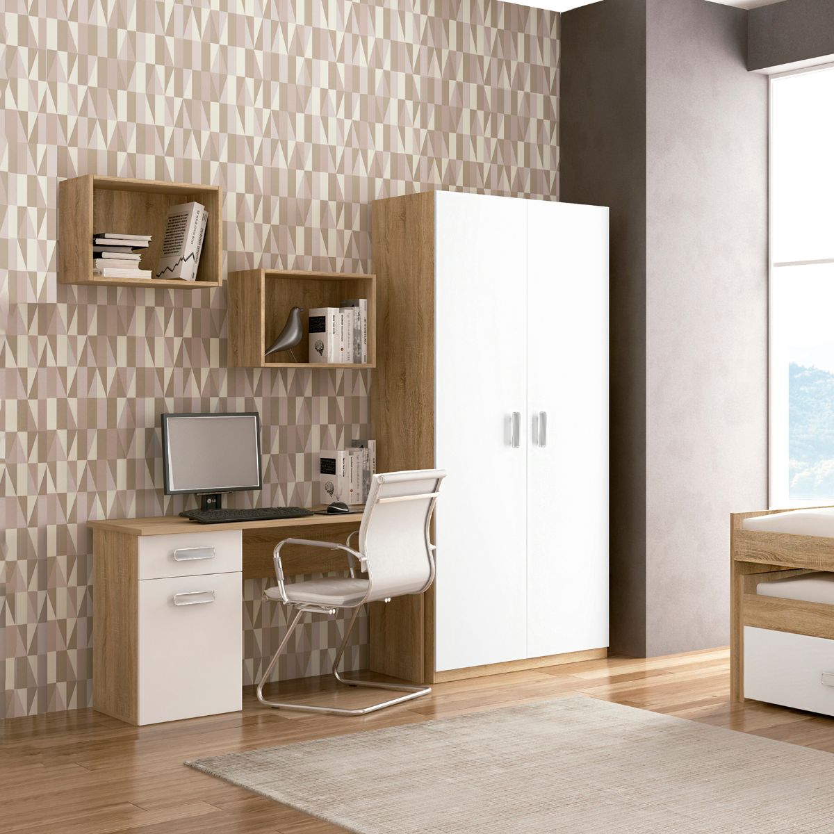 Composicion-de-dormitorio-Champion-cama-nido---armario---escritorio---3-estantes-cambria-blanco