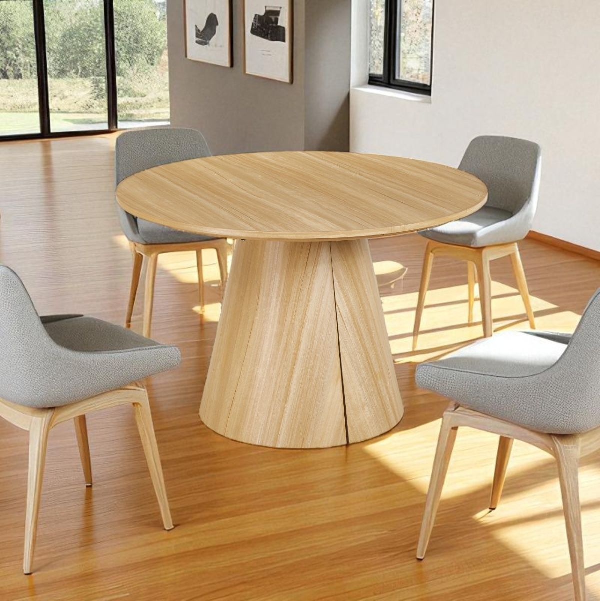 Mesa-de-comedor-Oak-redonda-diseño-extensible-natural-75x120-160-200x120-cm-ambientada-cerrada