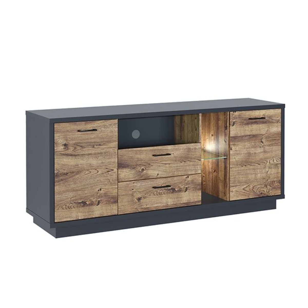 Mueble-de-TV-Europa-3-puertas---2-cajones---repisa---luces-LED-grafito-roble-74x170x45-cm