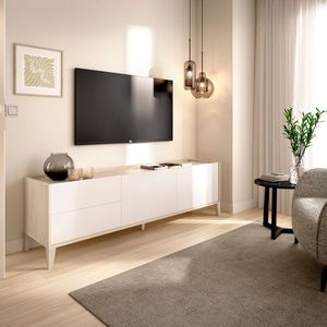 Mueble de TV Bari 2 cajones con armario doble blanco/natural 50,1x129x39,2 cm