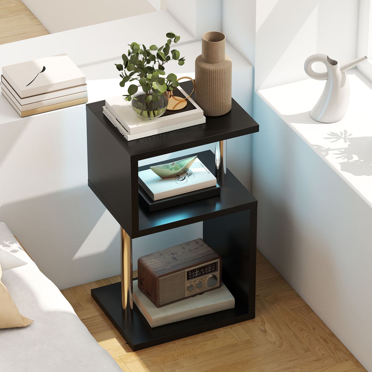 Mesa-auxiliar-Virginia-Homcom-3-niveles-con-luz-LED-negro-75x44x38-cm