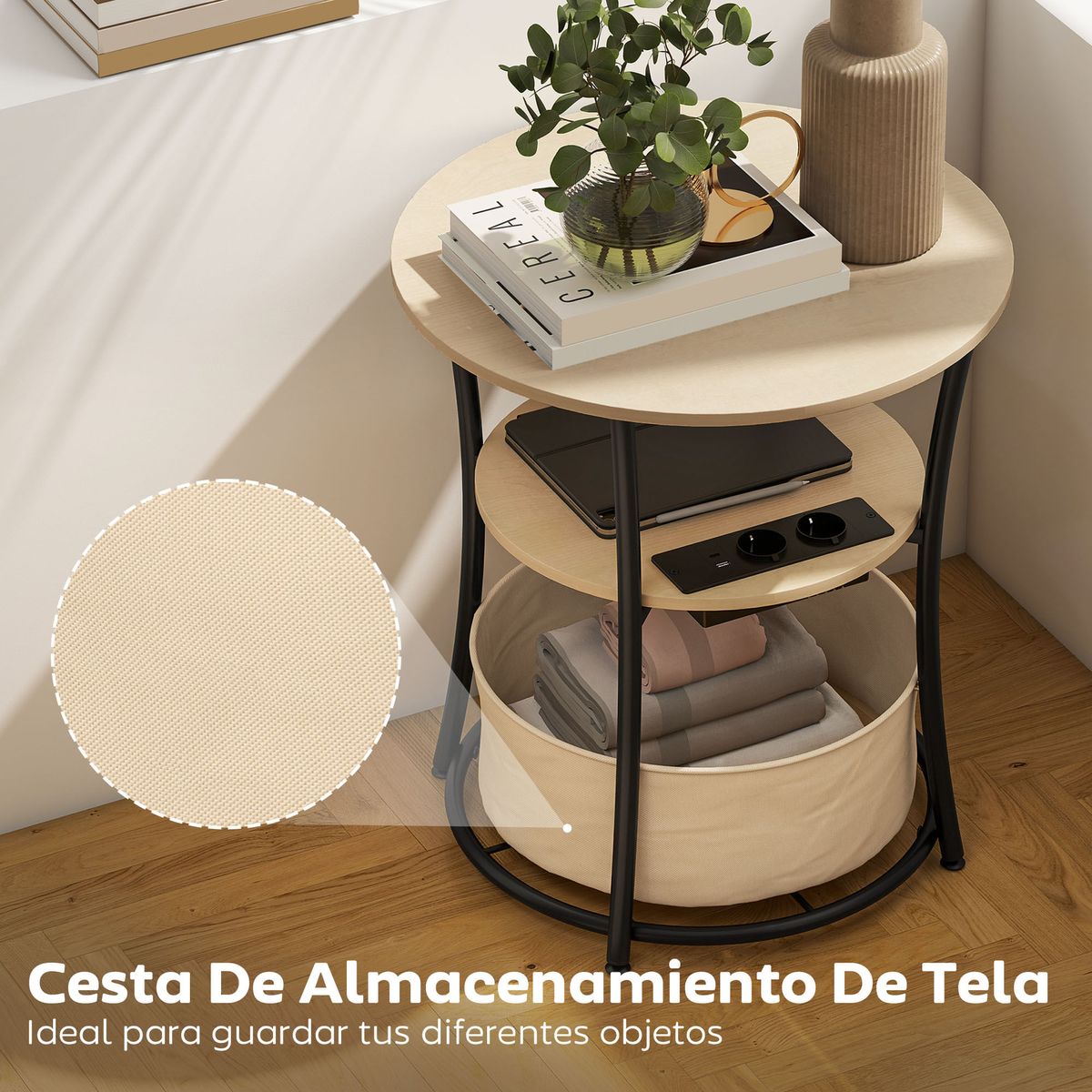 Mesa-auxiliar-Gabriela-Homcom-3-estantes---estacion-de-carga-natural-Ø50x55-cm-