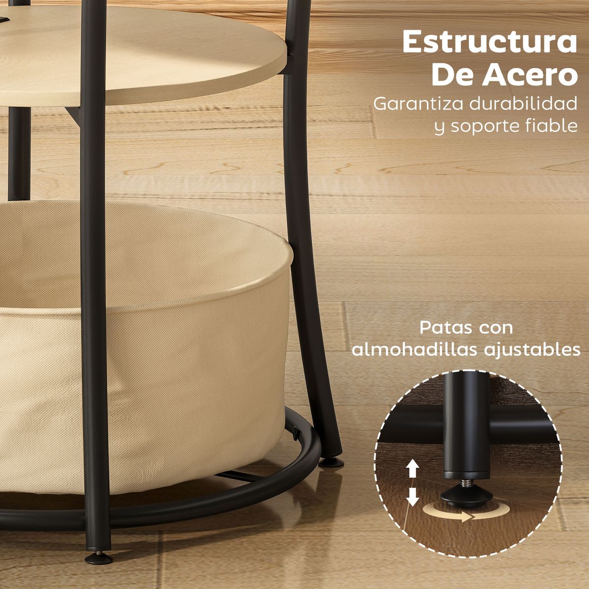 Mesa-auxiliar-Gabriela-Homcom-3-estantes---estacion-de-carga-natural-Ø50x55-cm-