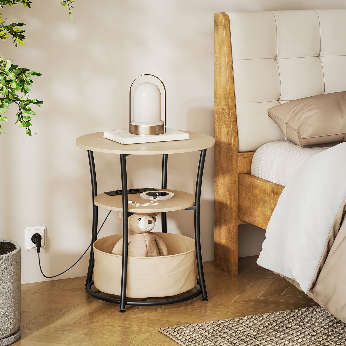 Mesa-auxiliar-Gabriela-Homcom-3-estantes---estacion-de-carga-natural-Ø50x55-cm-