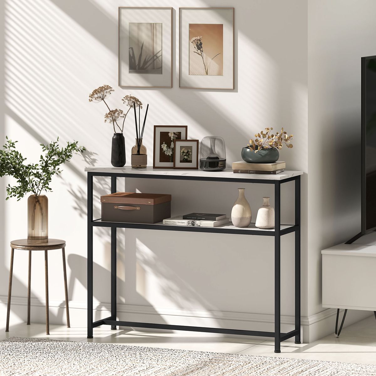 Mesa-auxiliar-Gabriela-Homcom-3-estantes---estacion-de-carga-natural-Ø50x55-cm-