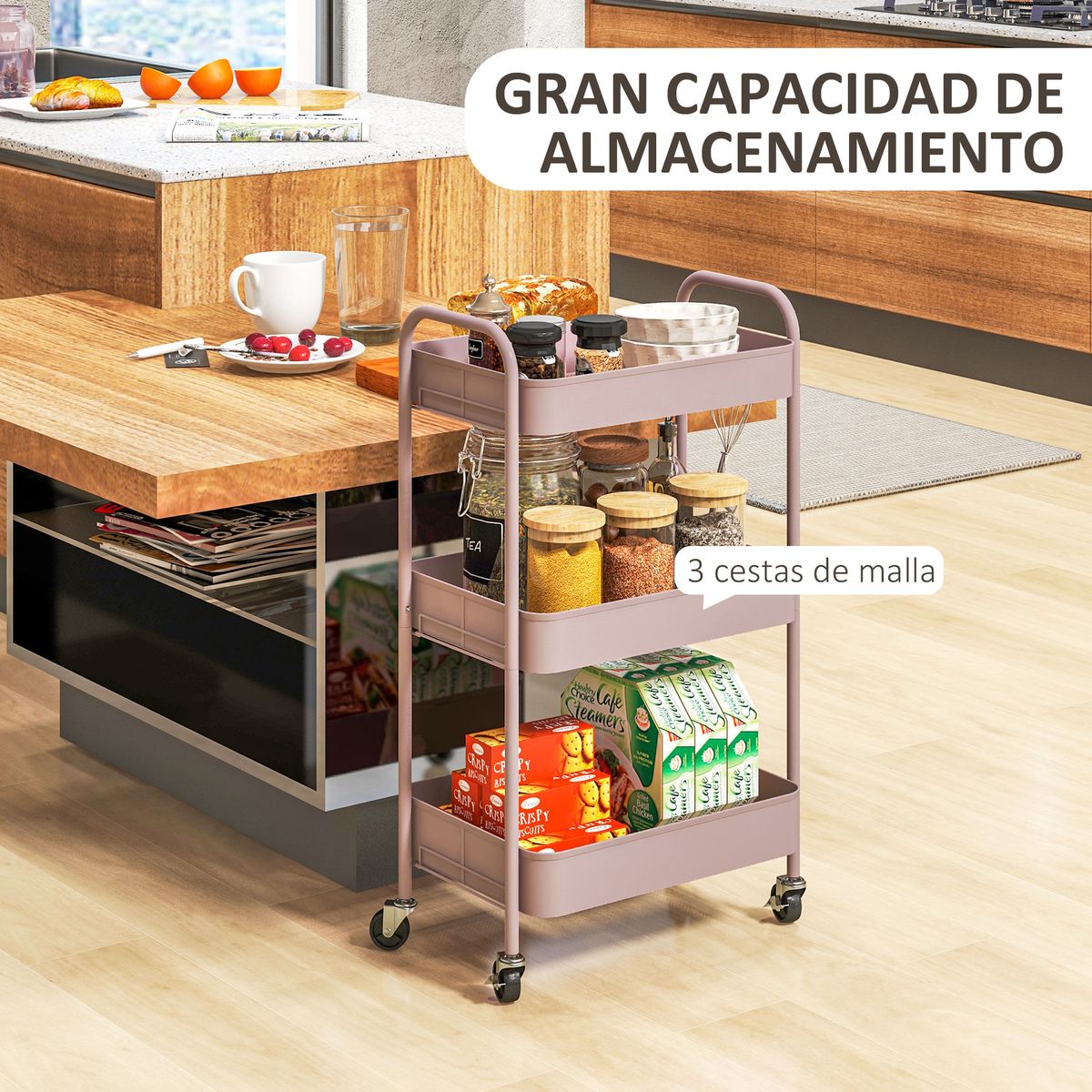 Carrito-auxiliar-Ebro-Homcom-3-estantes-con-ruedas-rosa-79x306x45-cm
