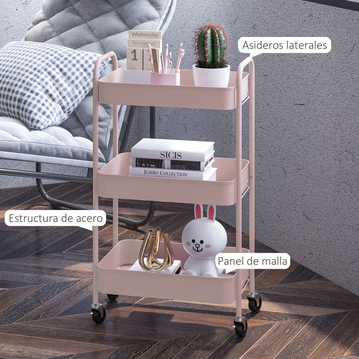 Carrito-auxiliar-Ebro-Homcom-3-estantes-con-ruedas-rosa-79x306x45-cm