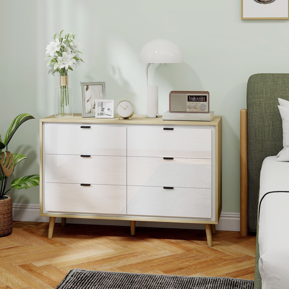 Comoda-Aria-Homcom-6-cajones-blanco-roble-75x110x40-cm