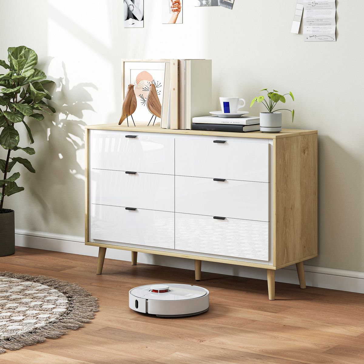 Comoda-Aria-Homcom-6-cajones-blanco-roble-75x110x40-cm