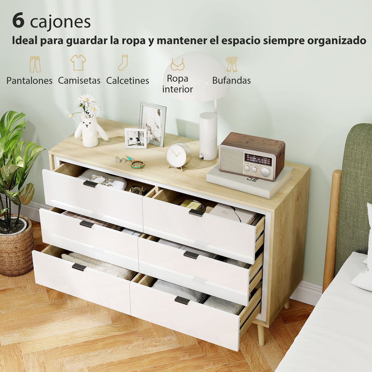 Comoda-Aria-Homcom-6-cajones-blanco-roble-75x110x40-cm