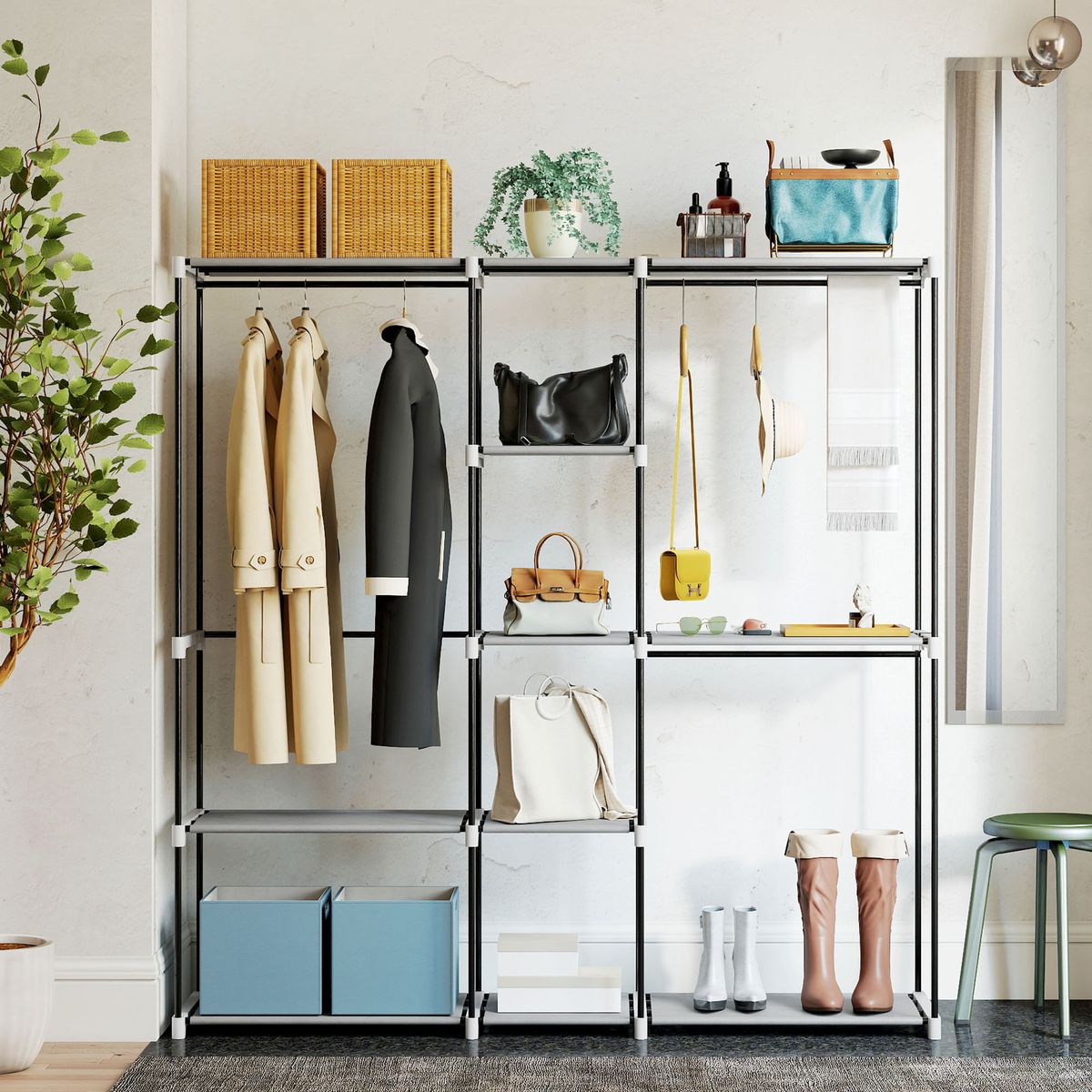 Armario-Liora-Homcom-8-estantes-gris-claro-185x43x182-cm