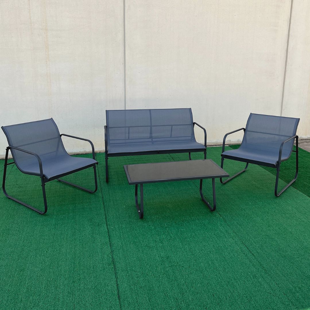 Conjunto-de-jardin-Lazio-sofa-doble---2-sillas---mesa-gris-negro
