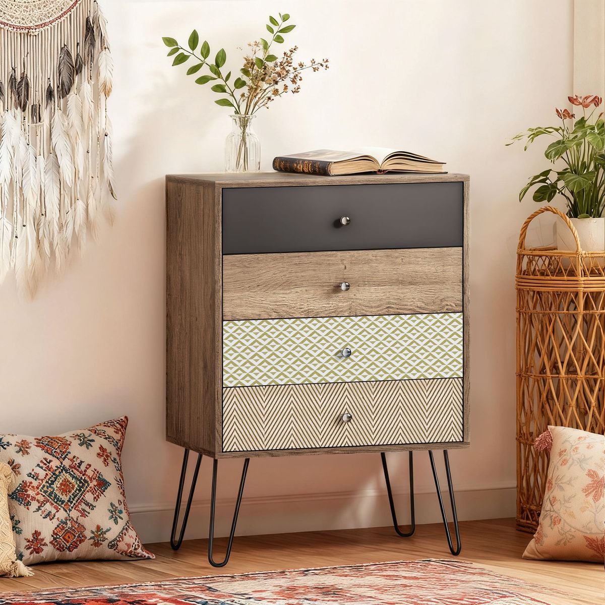 Comoda-Boho-Homcom-4-cajones-multicolor-86x60x39-cm