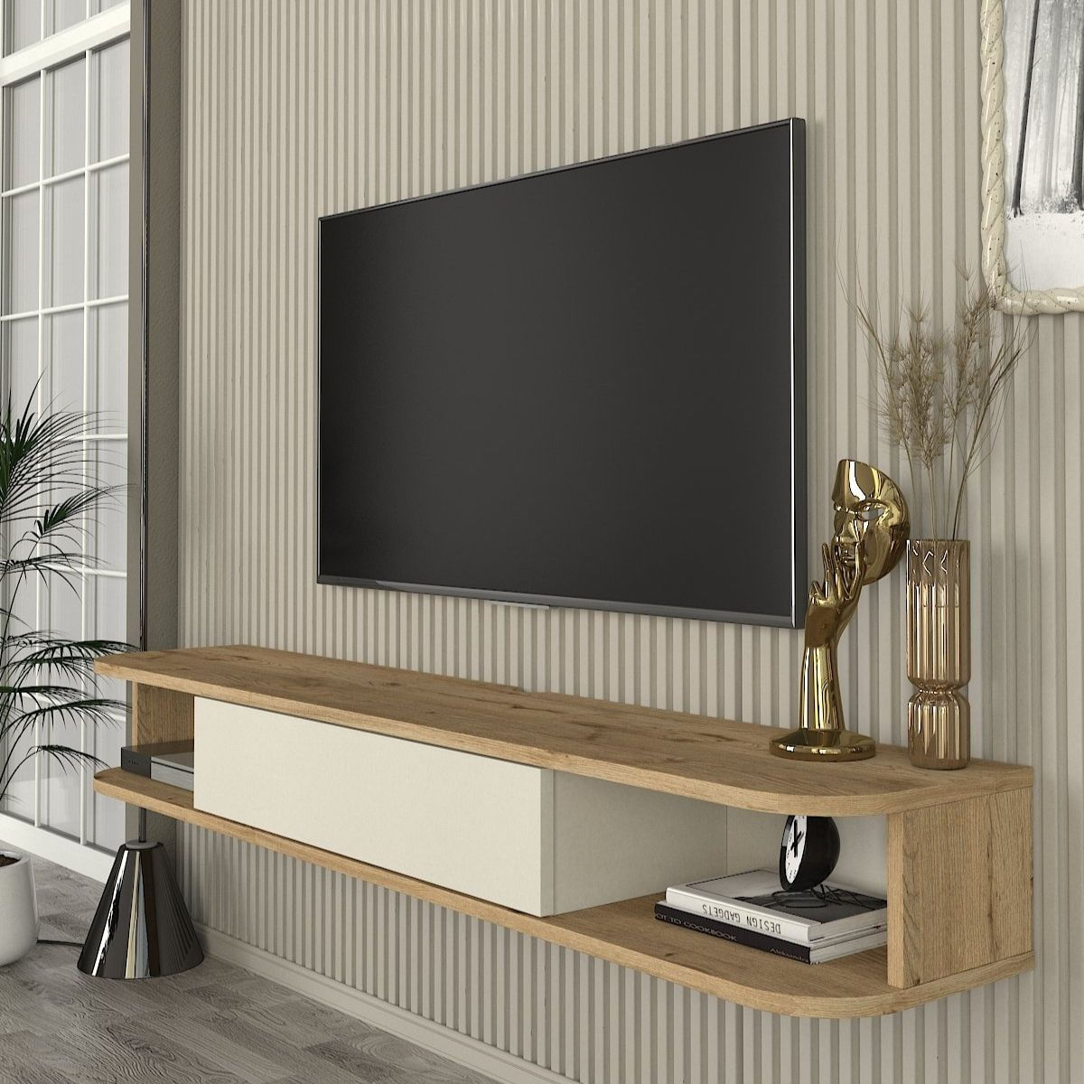 Mueble-de-TV-Cross-1-puerta---2-compartimentos-abiertos-natural-blanco-192x150x296-cm-