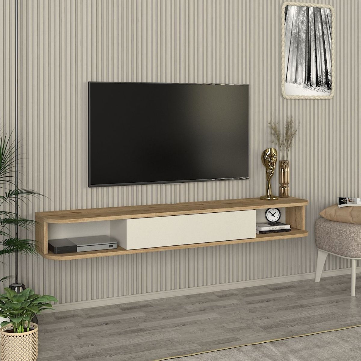 Mueble-de-TV-Cross-1-puerta---2-compartimentos-abiertos-natural-blanco-192x150x296-cm-