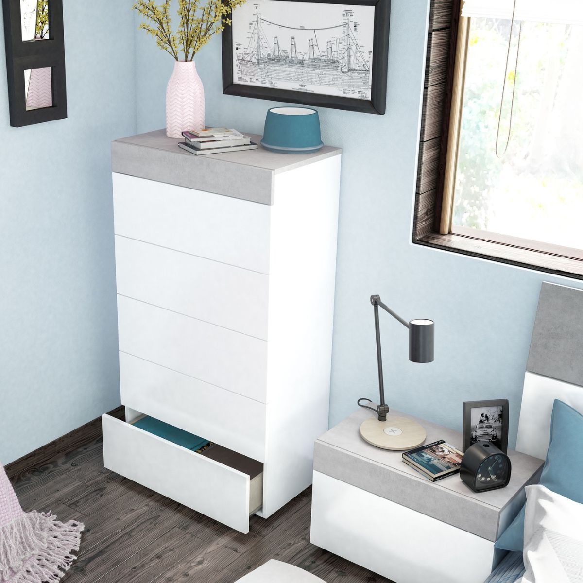 Comoda-Tekkan-5-cajones-blanco-gris-118x61x40-cm