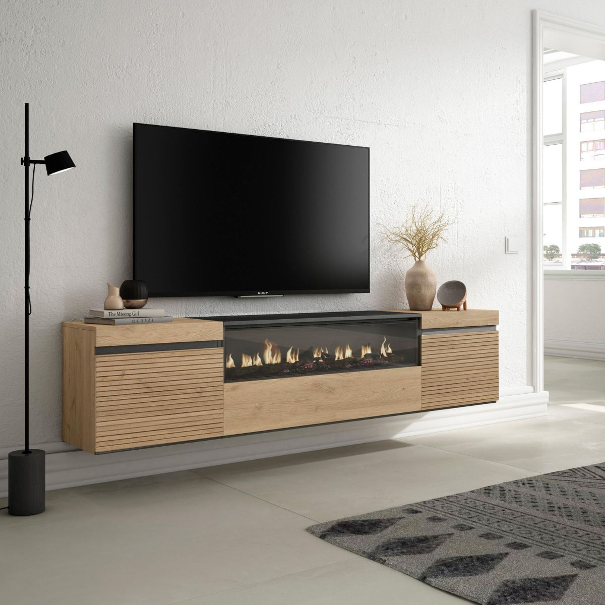 Mueble-de-TV-Neos-flotante-3-puertas-con-chimenea-centro-45x200x35-cm-