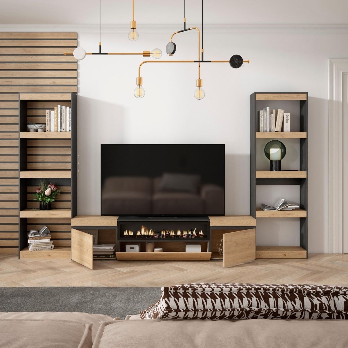 Composicion-de-salon-Kroma-2-estanterias-y-chimenea-central-natural-negro-1859x323x25-cm
