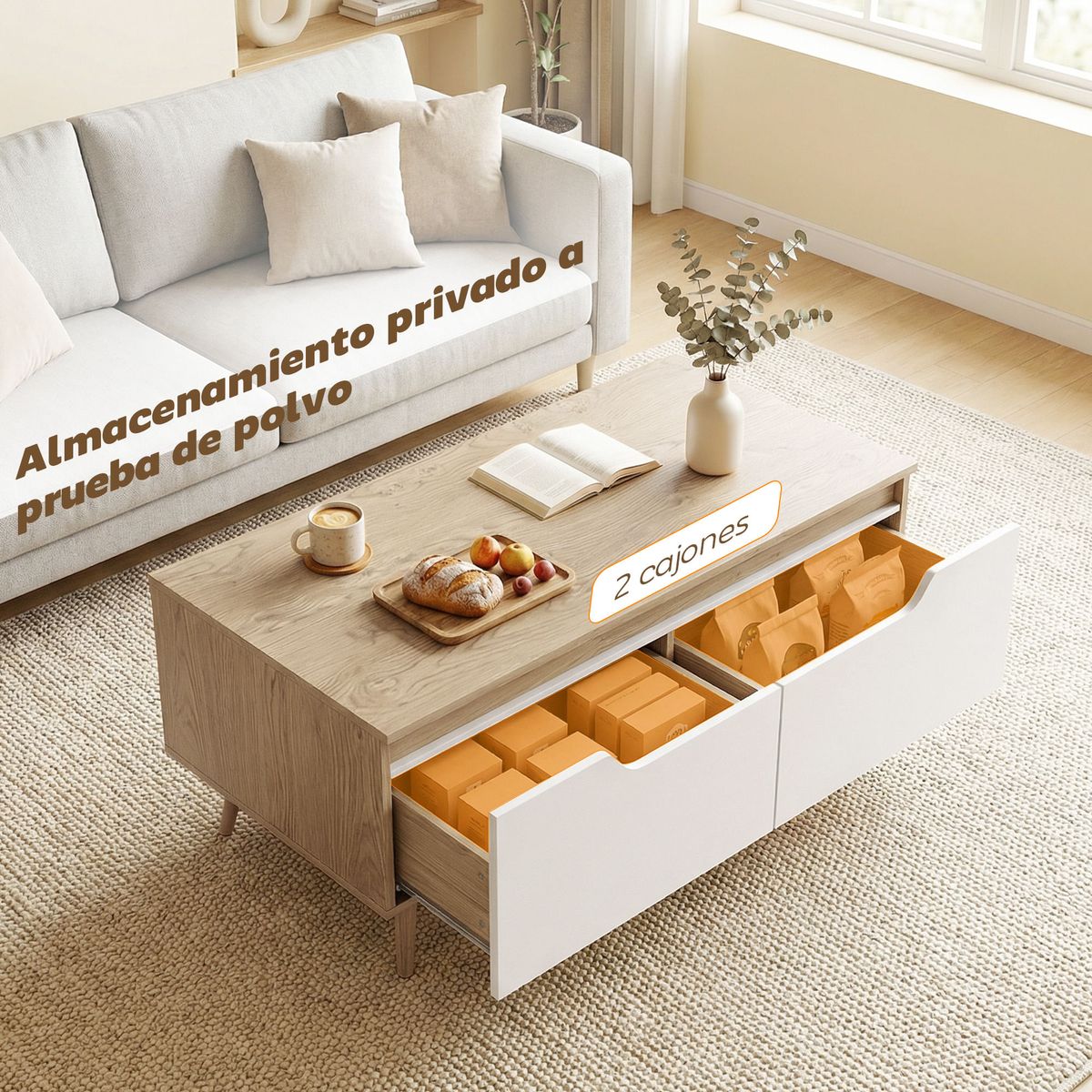 Mesa-de-centro-Mistral-Homcom-2-cajones-natural-blanco-46x100x50-cm
