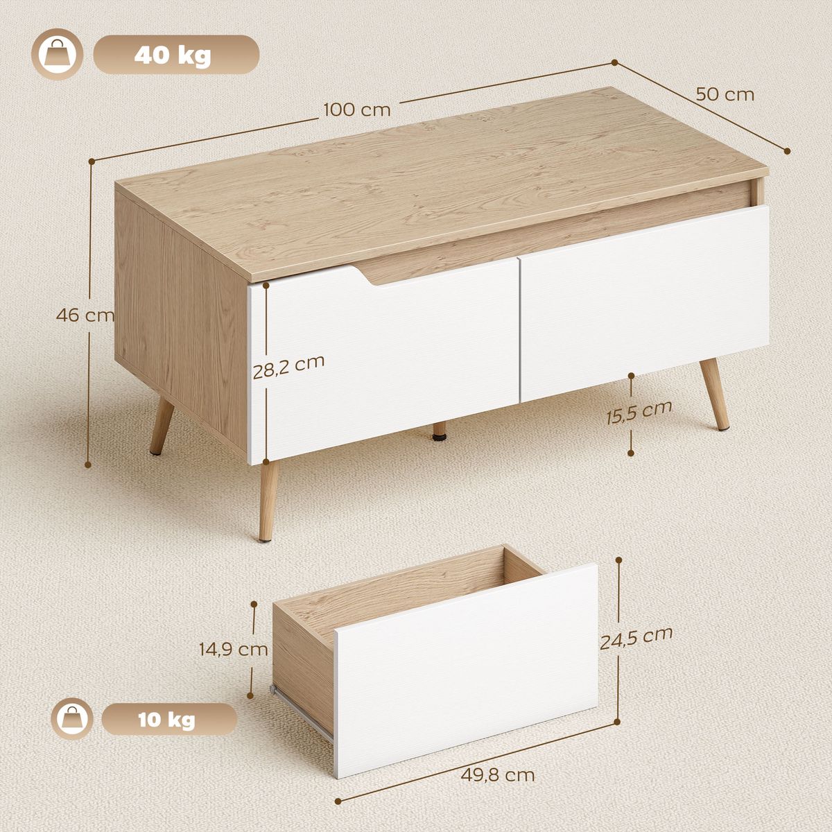 Mesa-de-centro-Mistral-Homcom-2-cajones-natural-blanco-46x100x50-cm