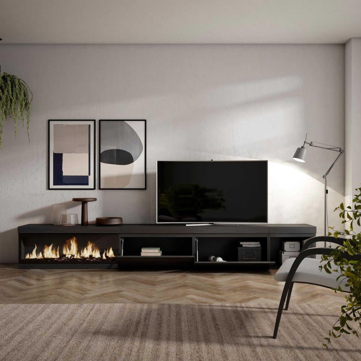 Mueble-de-TV-modelo-Kroma-3-puertas-con-chimenea-izquierda-negro-45x318x35-cm