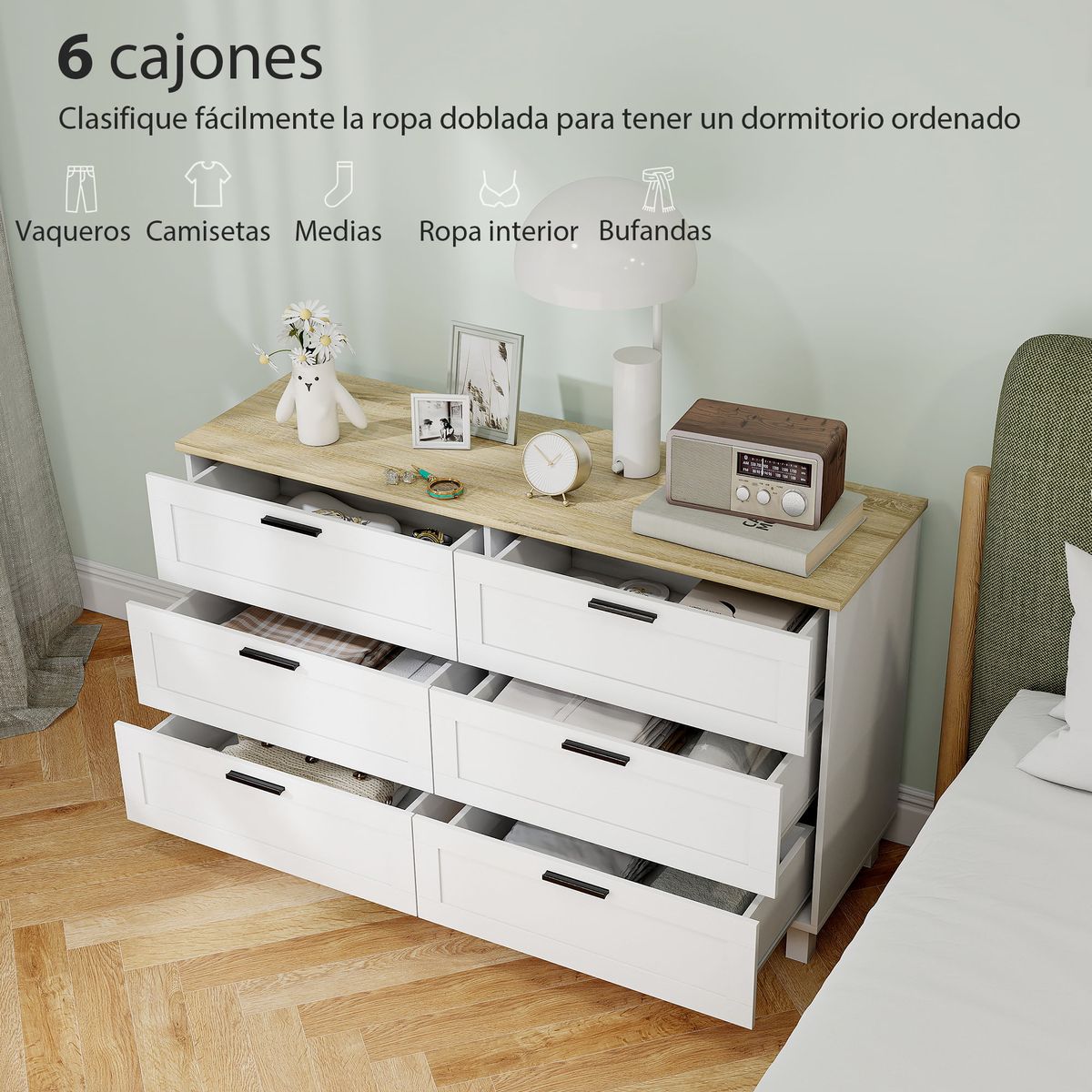 Comoda-Lilo-Homcom-6-cajones-con-tiradores-blanco-natural-71x120x38-cm