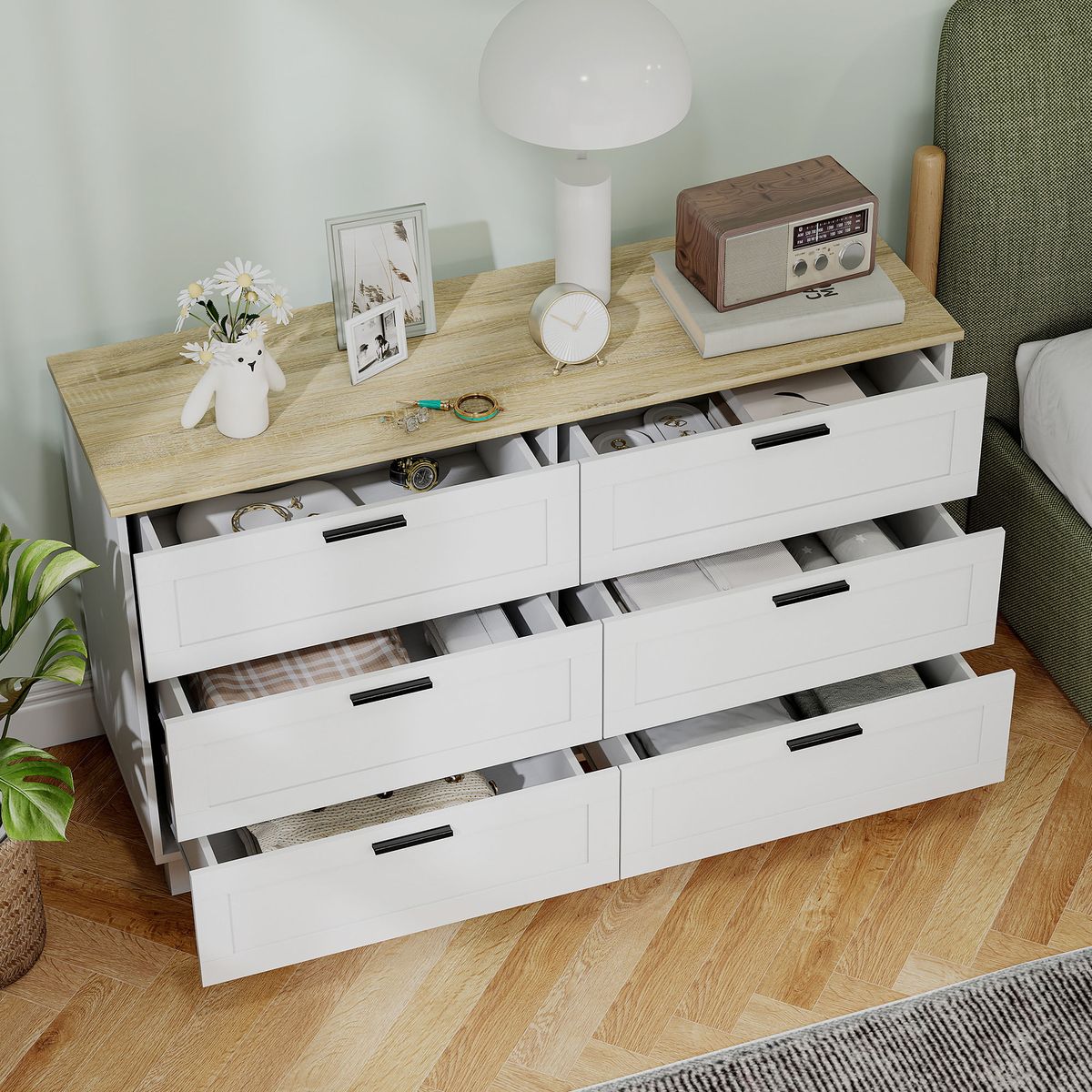 Comoda-Lilo-Homcom-6-cajones-con-tiradores-blanco-natural-71x120x38-cm