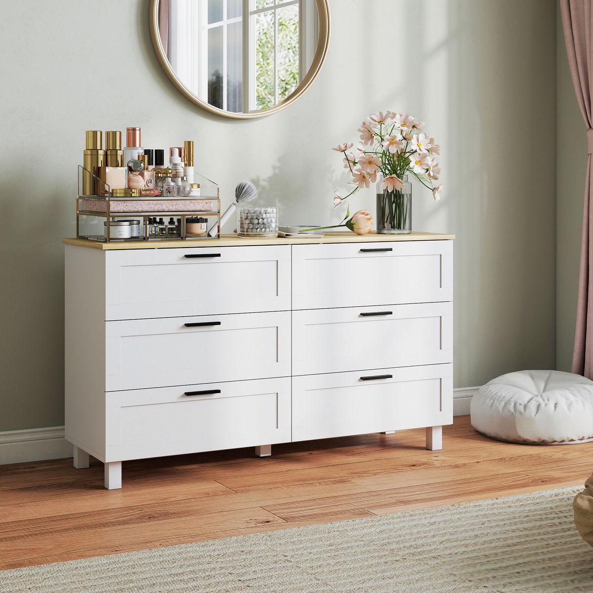 Comoda-Lilo-Homcom-6-cajones-con-tiradores-blanco-natural-71x120x38-cm