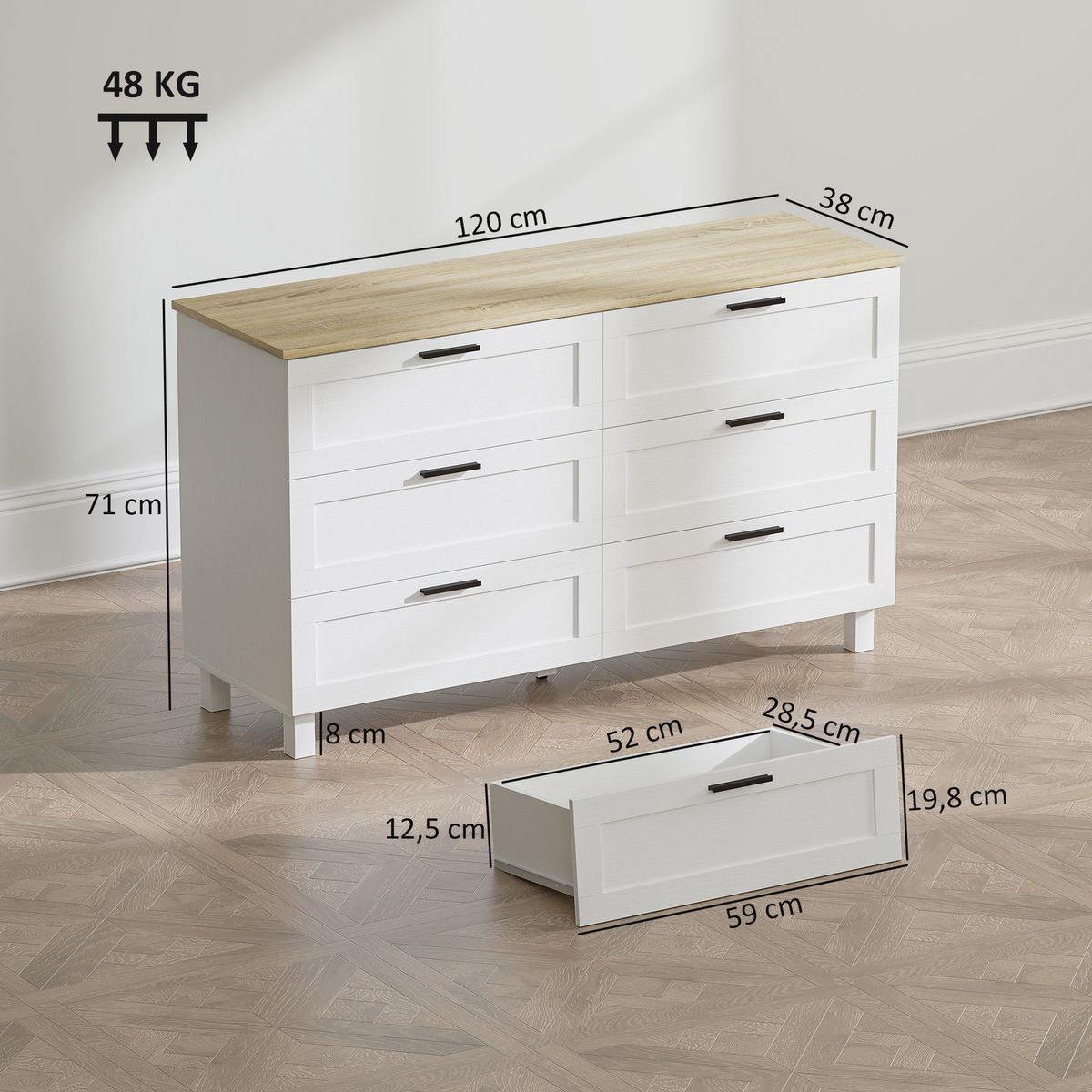 Comoda-Lilo-Homcom-6-cajones-con-tiradores-blanco-natural-71x120x38-cm