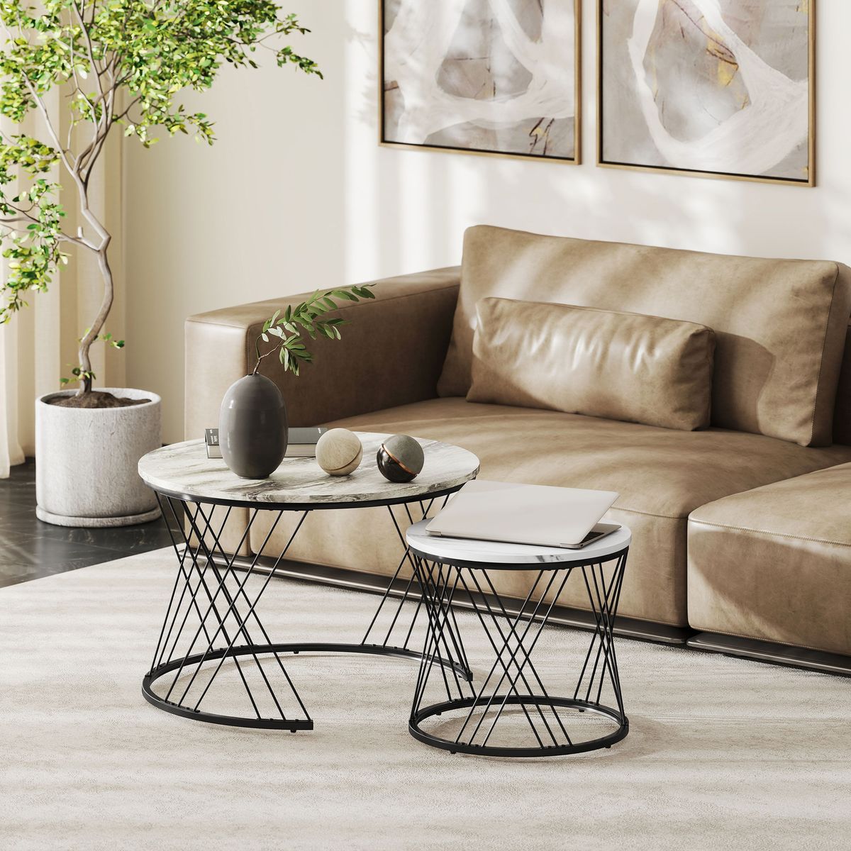 Set-de-2-mesas-nido-Siri-Homcom-diseño-redondo-gris-negro