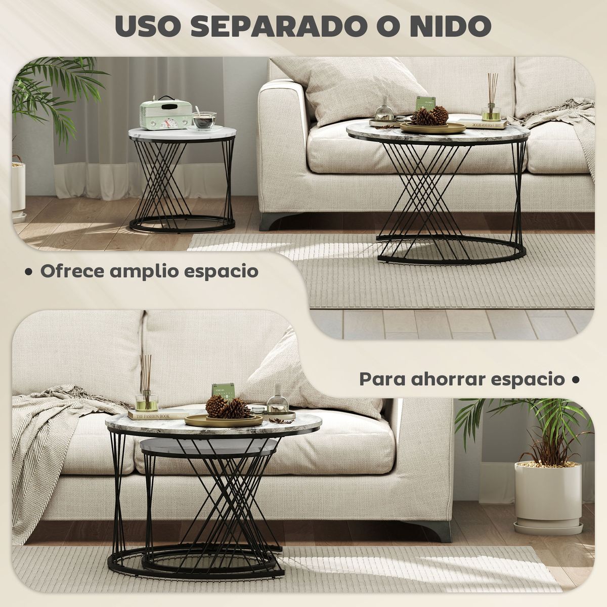 Set-de-2-mesas-nido-Siri-Homcom-diseño-redondo-gris-negro