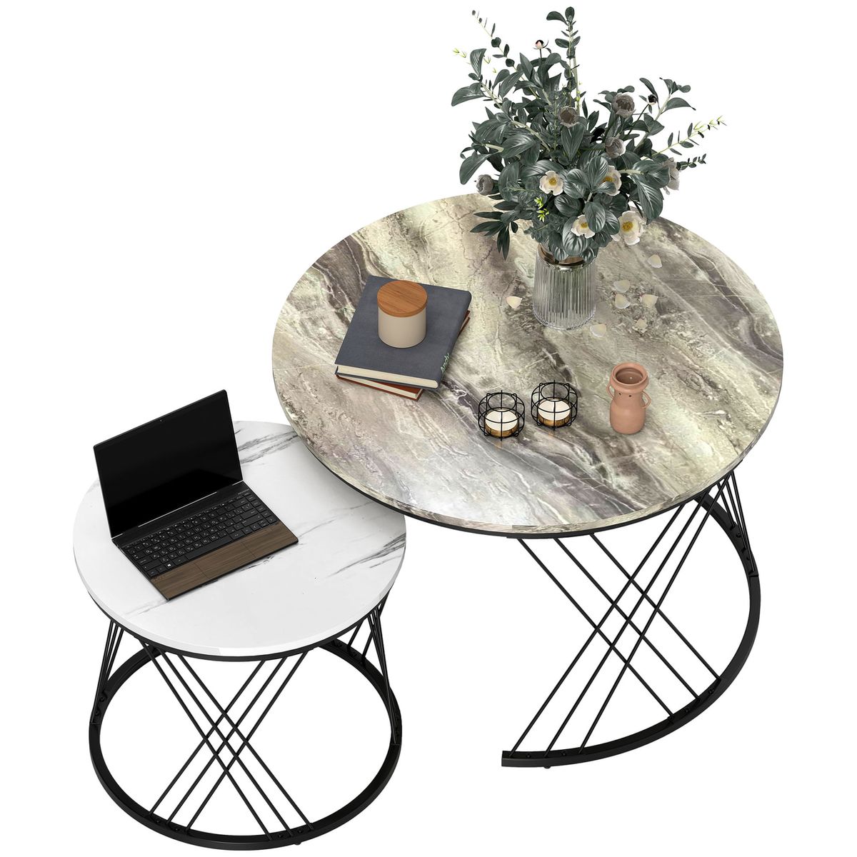 Set-de-2-mesas-nido-Siri-Homcom-diseño-redondo-gris-negro