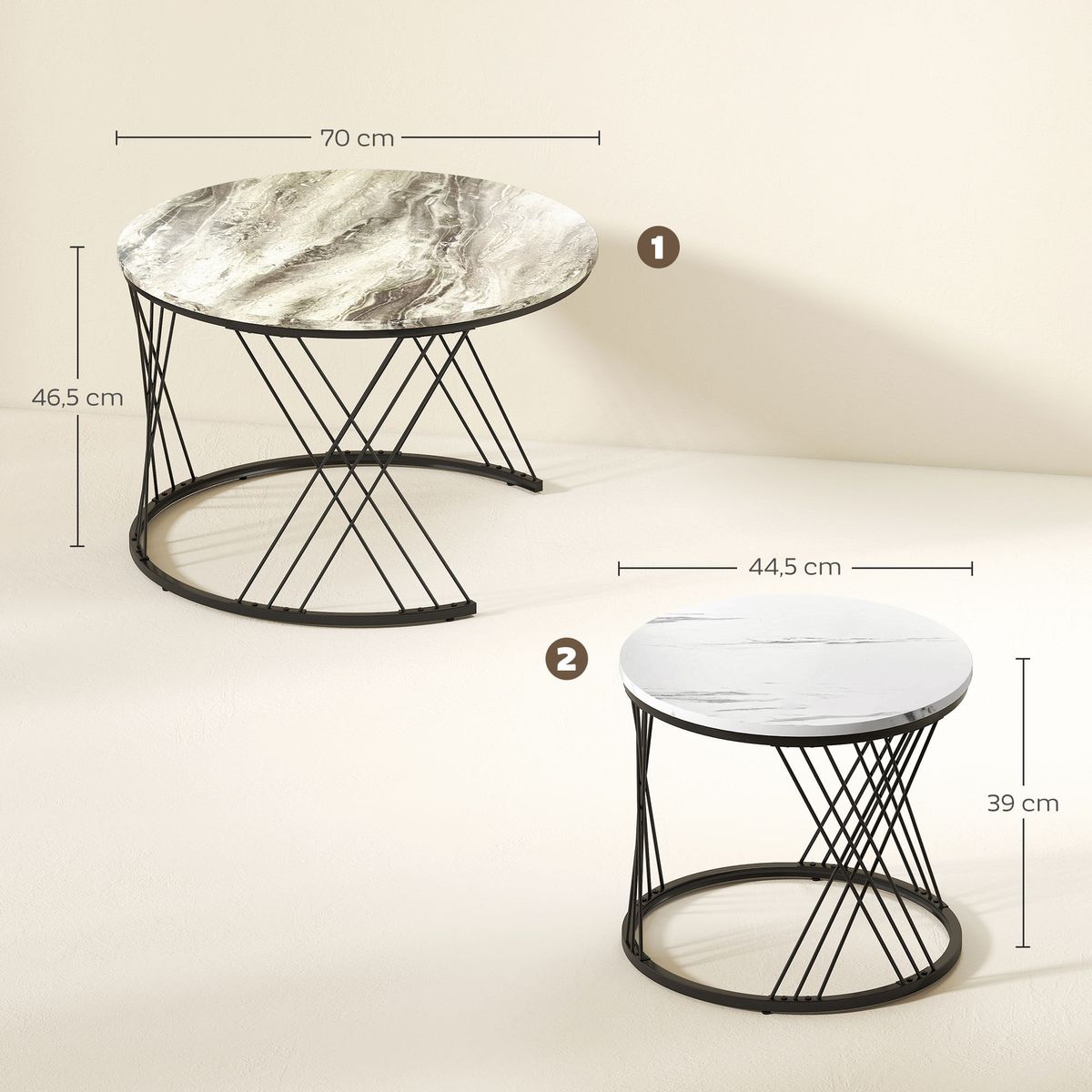Set-de-2-mesas-nido-Siri-Homcom-diseño-redondo-gris-negro