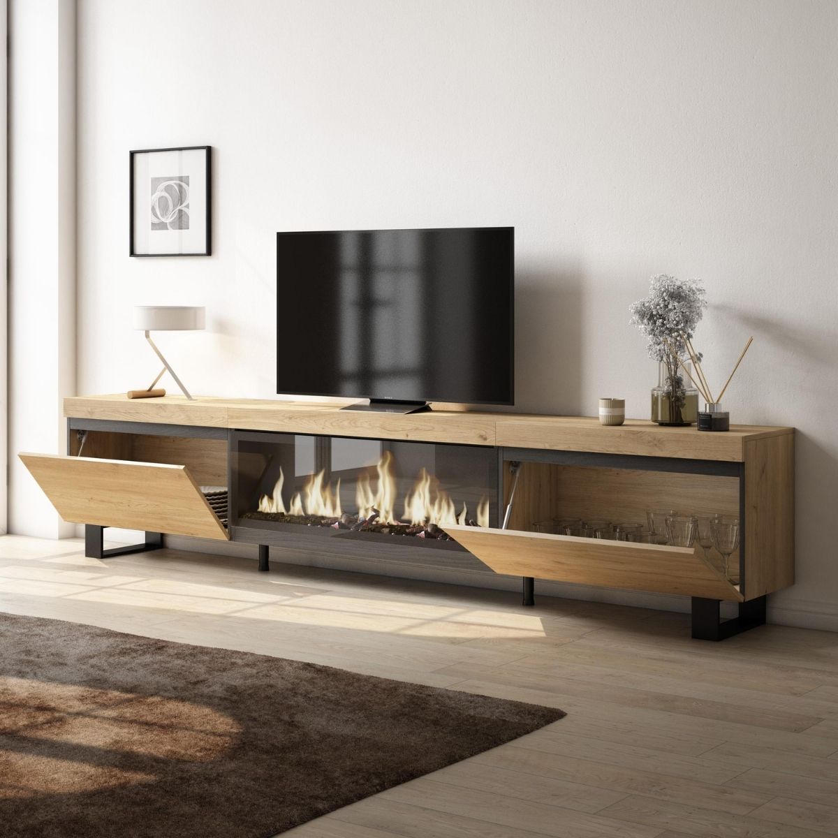Mueble-de-TV-Kroma-2-puertas-abatibles-con-chimenea-central-natural-57x2672x346-cm
