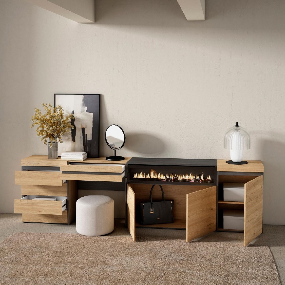 Aparador-Kroma-tocador-con-chimenea-y-armario-natural-75x2791x35-cm