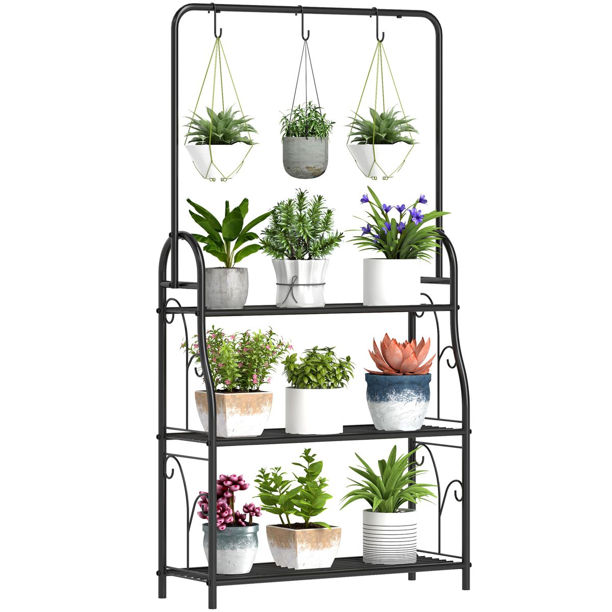 Estanteria-para-plantas-Trigo-Outsunny-3-niveles-con-3-ganchos-negro-137x75x25-cm
