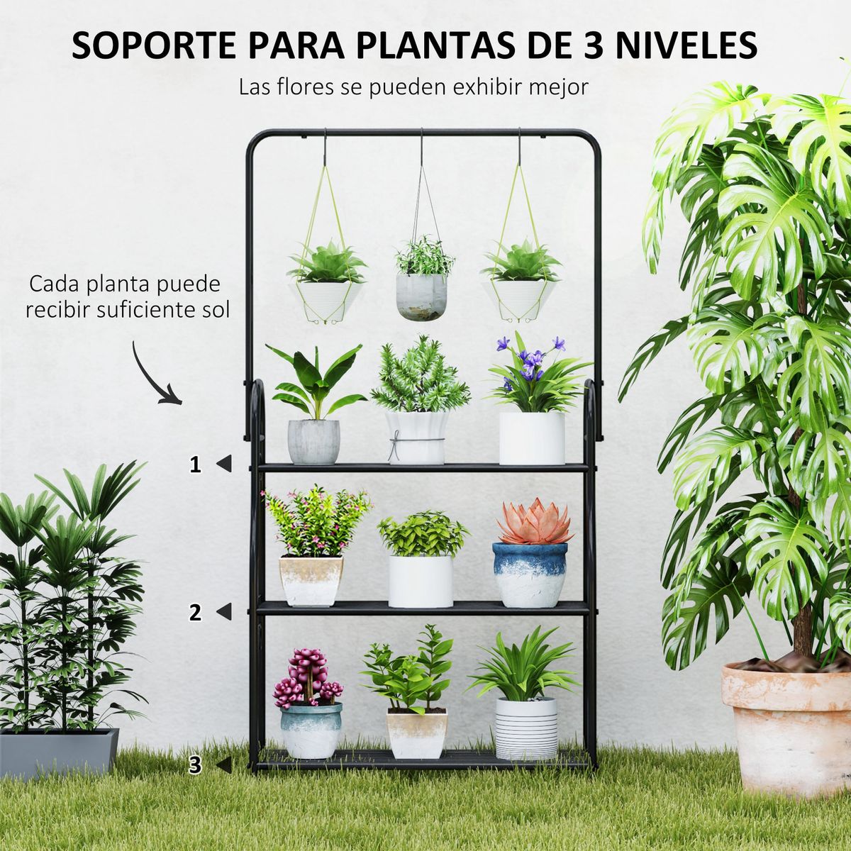 Estanteria-para-plantas-Trigo-Outsunny-3-niveles-con-3-ganchos-negro-137x75x25-cm