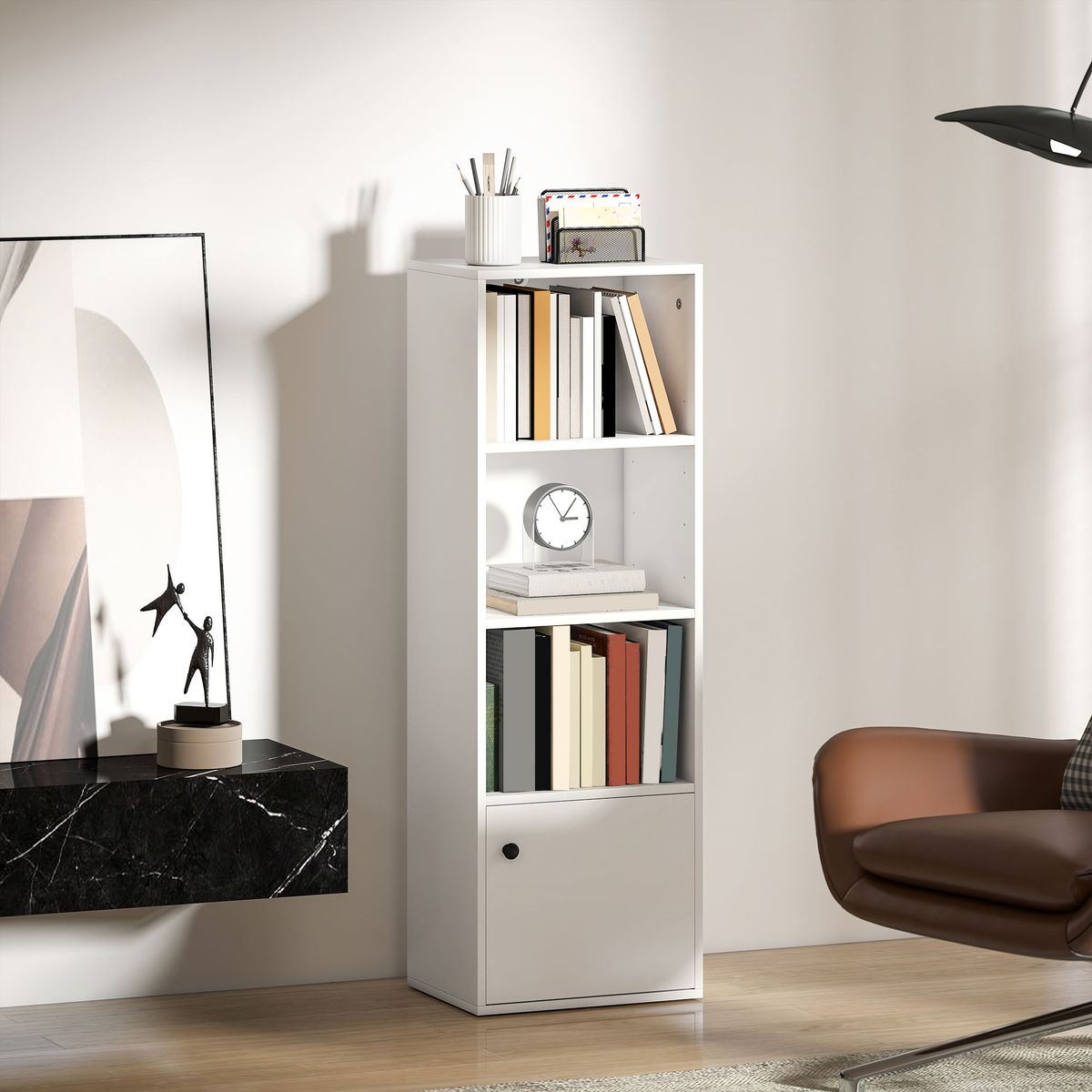 Estanteria-Guinda-Homcom-4-niveles-con-puerta-blanco-120x40x30-cm