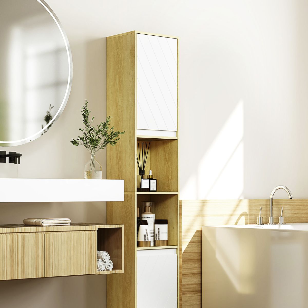 Armario-alto-para-baño-Homcom-2-armario---2-estantes-abiertos-blanco-natural-170x30x24-cm