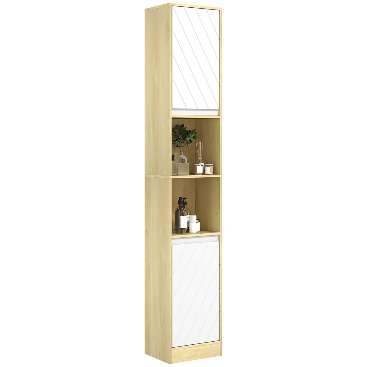 Armario-alto-para-baño-Homcom-2-armario---2-estantes-abiertos-blanco-natural-170x30x24-cm