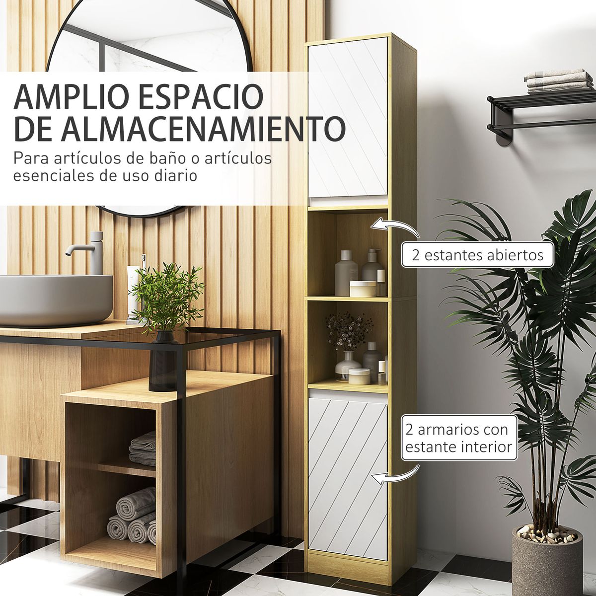 Armario-alto-para-baño-Homcom-2-armario---2-estantes-abiertos-blanco-natural-170x30x24-cm