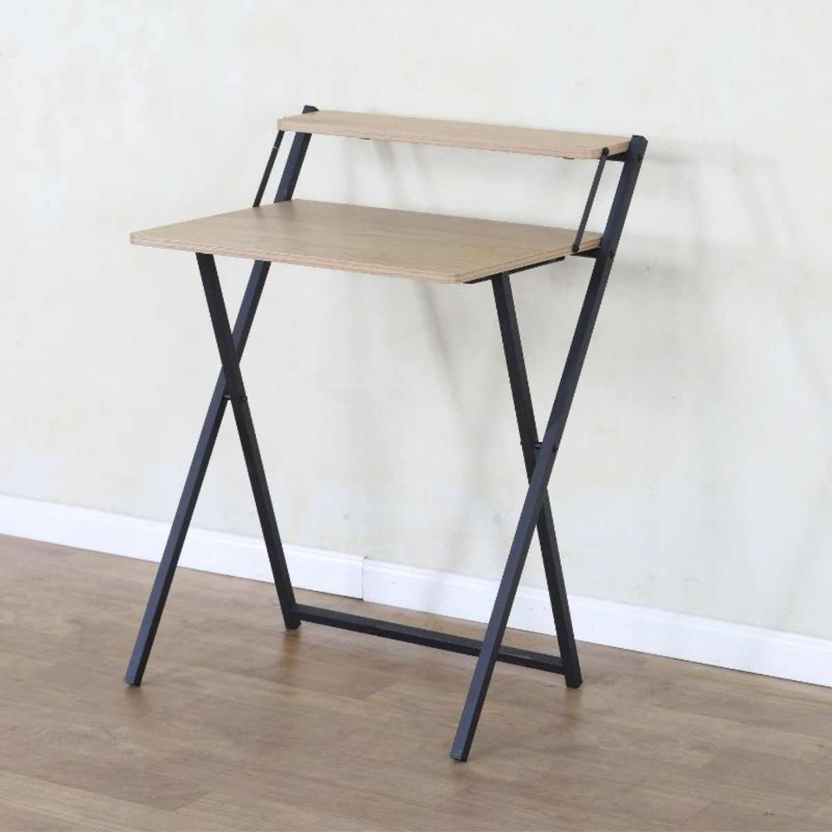 Escritorio-Hikka-diseño-plegbale-con-estante-superior-negro-natural-875x64x52-cm