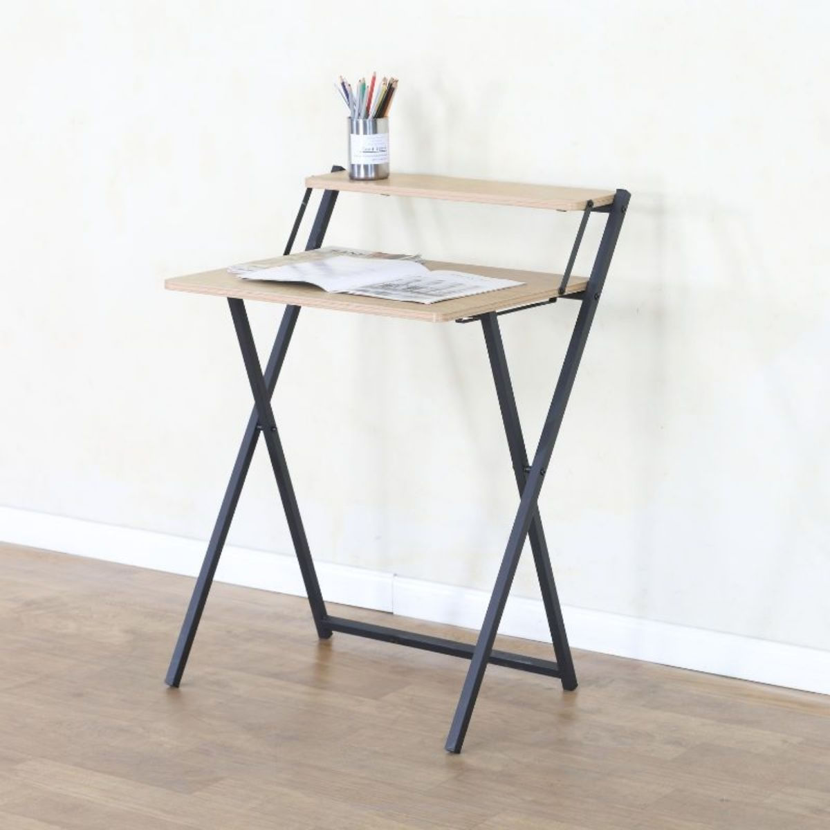 Escritorio-Hikka-diseño-plegbale-con-estante-superior-negro-natural-875x64x52-cm