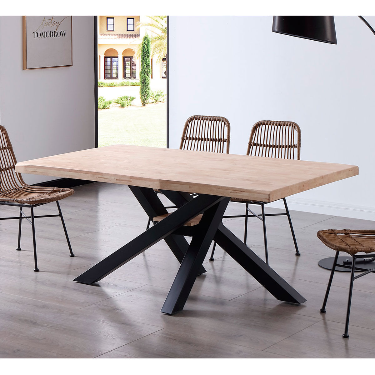 Mesa-de-comedor-Xena-forma-patas-cruzadas-tapa-irregular-roble-Nordish-negro-76x180x100-cm-ambientada