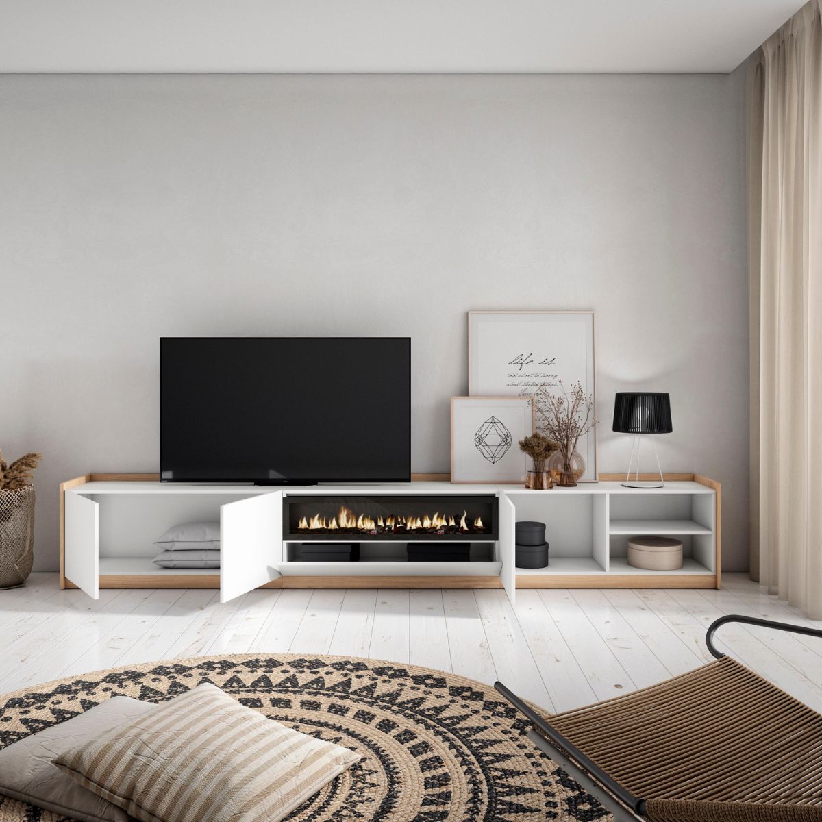 Mueble-de-TV-Kroma-4-puertas-y-dos-estantes-con-chimenea-centro-blanco-roble-495x309x35-cm-